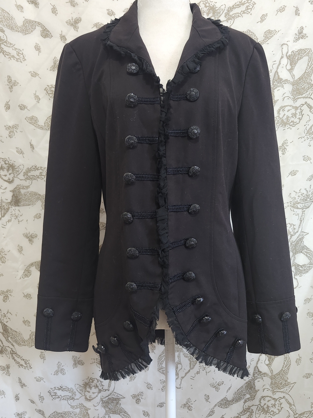 Vtg Gothic Black Military Button Front Ruffle Trim Lined Jacket Sz 10